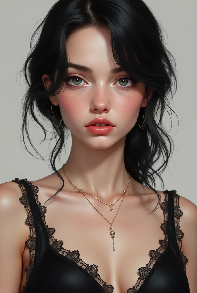 Young woman with feminine features and serious expression, He has black hair, slightly wavy and loose cascading down, with some strands falling around her face. His skin is clear, with subtle freckles on her cheeks and her grey eyes, thick lips .She wears a black dress, lace and with neckline , which gives it an elegant touch that highlights her large bust. Wear a necklace,  realistic drawing 
