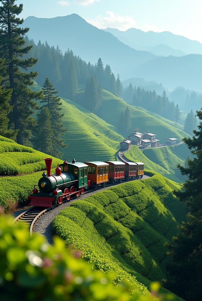 Make an image of toy train riding in the hills (of Darjeeling) give importance and details on hills