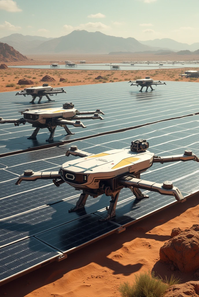 Many drones working in a solar panel plant as a security guard make drones more realistic