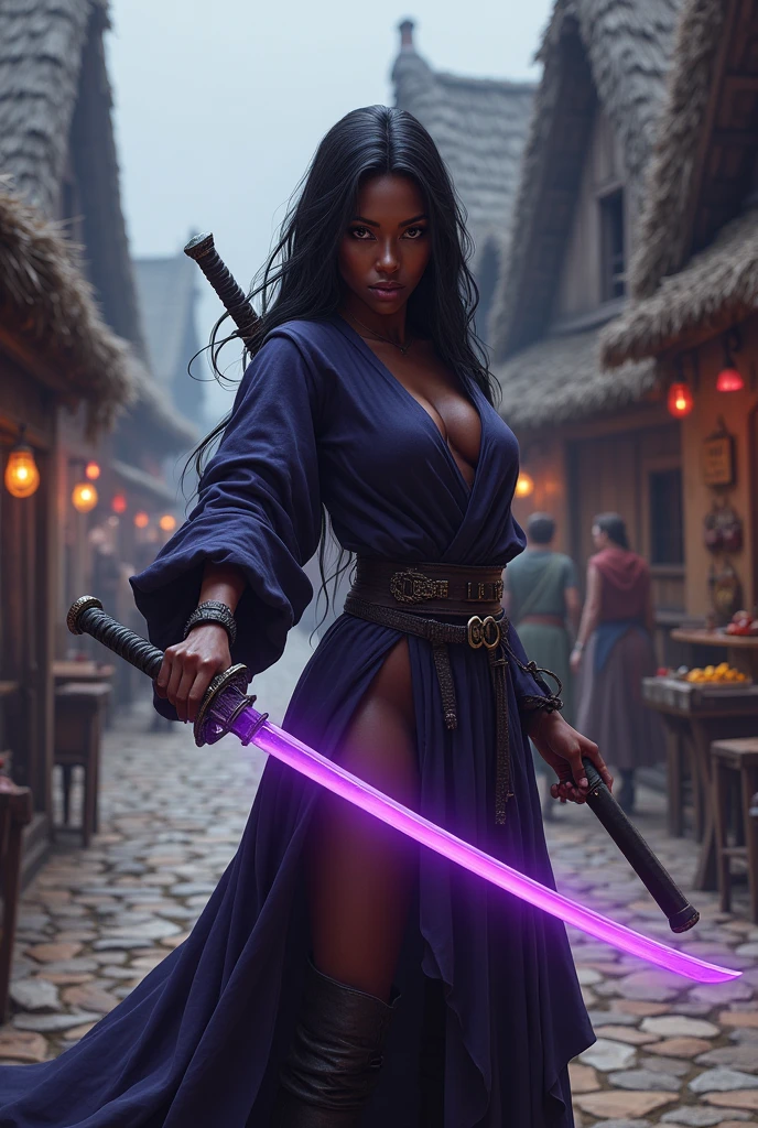 A very beautiful dark-skinned woman with a purple katana in a medieval village 