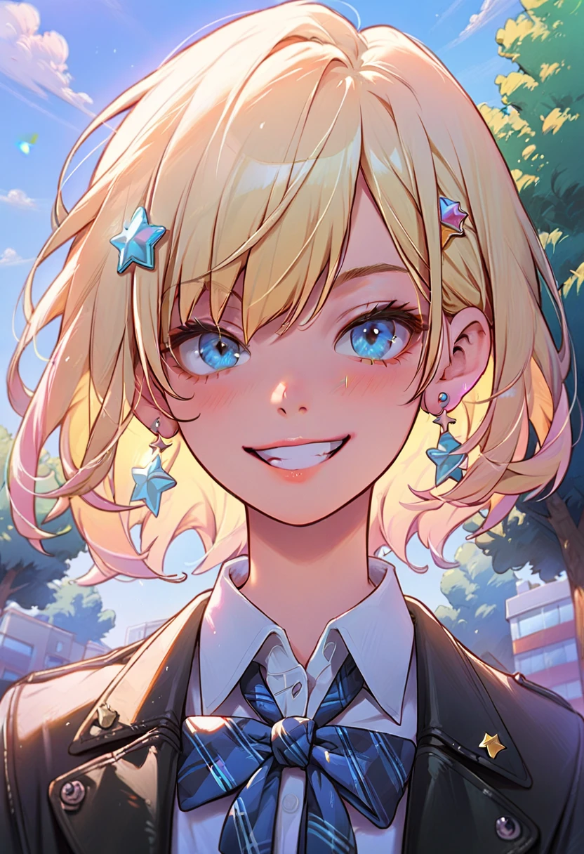 full_body_portrait,sexy,schoolgirl,1girl, blonde_hair, jewelry, earrings, solo, blue_eyes, smile, looking_at_viewer, short_hair, jacket, outdoors, school_uniform, star_earrings, shirt, cross_earrings, collared_shirt, upper_body, tree, white_shirt, star_(symbol), bangs, building, grin, BREAK score_9, score_8_up, score_7_up, , source_cartoon, rating_explicit