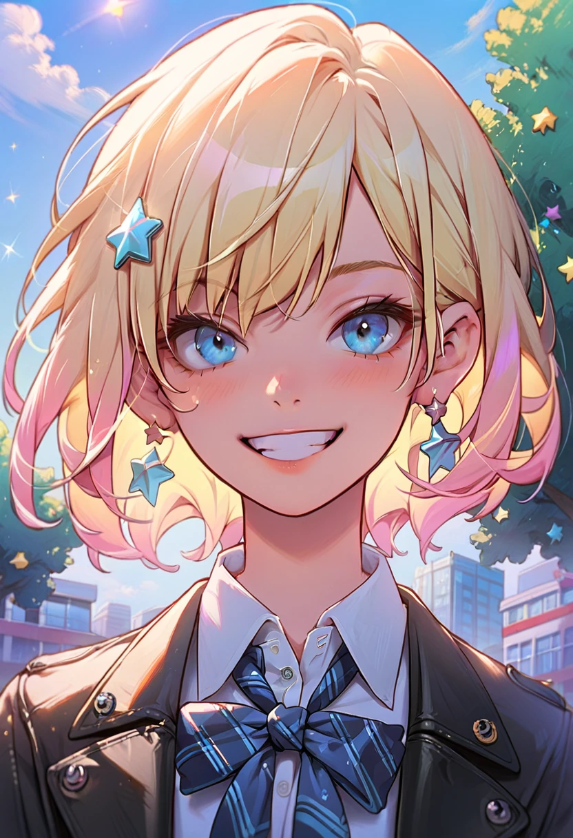 full_body_portrait,sexy,schoolgirl,1girl, blonde_hair, jewelry, earrings, solo, blue_eyes, smile, looking_at_viewer, short_hair, jacket, outdoors, school_uniform, star_earrings, shirt, cross_earrings, collared_shirt, upper_body, tree, white_shirt, star_(symbol), bangs, building, grin, BREAK score_9, score_8_up, score_7_up, , source_cartoon, rating_explicit