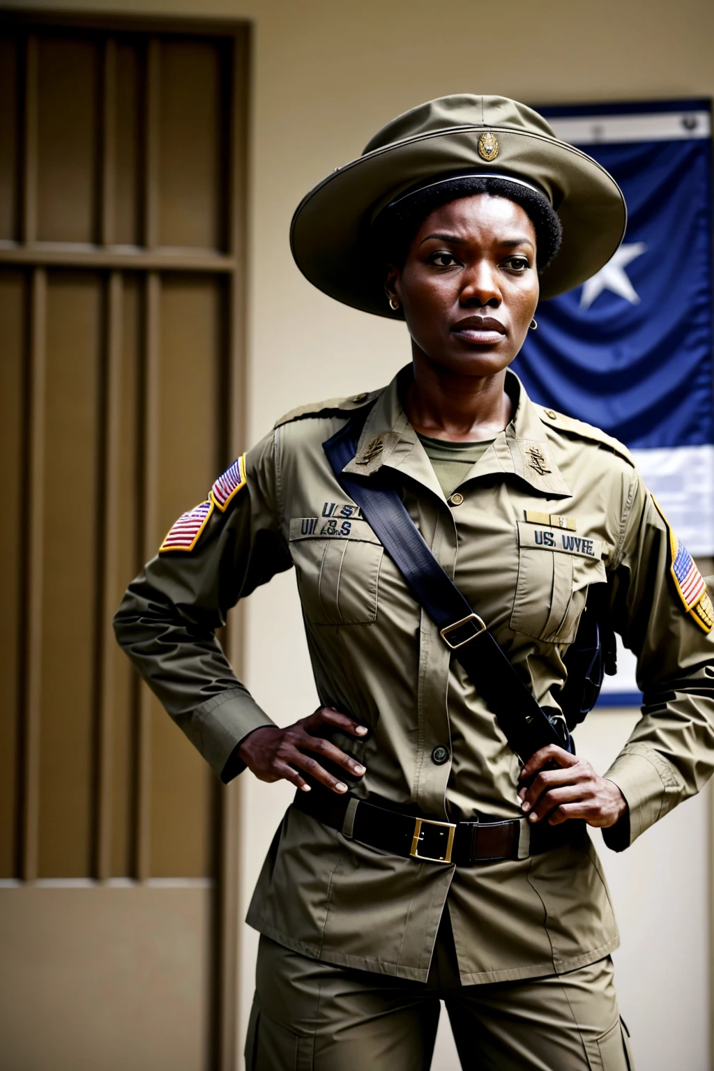 photo of iza woman, dressed as a US Army general {military uniform and hat}, on alert, looking angrily at the spectator, in a headquarters