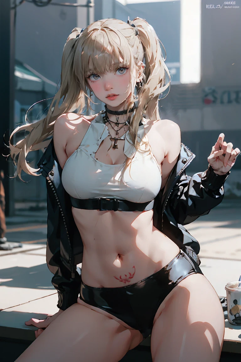Realistic:1.2, Rocker girl in leather jacket,Slim figure、Normal bust size、 highly Realistic photograph, whole body, (NSFW:1.2), Spiked clothing,White tank top、Navel exposed、Leather high leg bikini pants、tattoo,Earrings Dark lipstick, blue eyes,Blonde twin tail hair,Black Ribbon, Beautiful and perfect legs, Confident expression, Punk Style ,Dynamic pose, Dynamic Lighting, Bright colors, Large Breasts, (Adult female body),Small waist