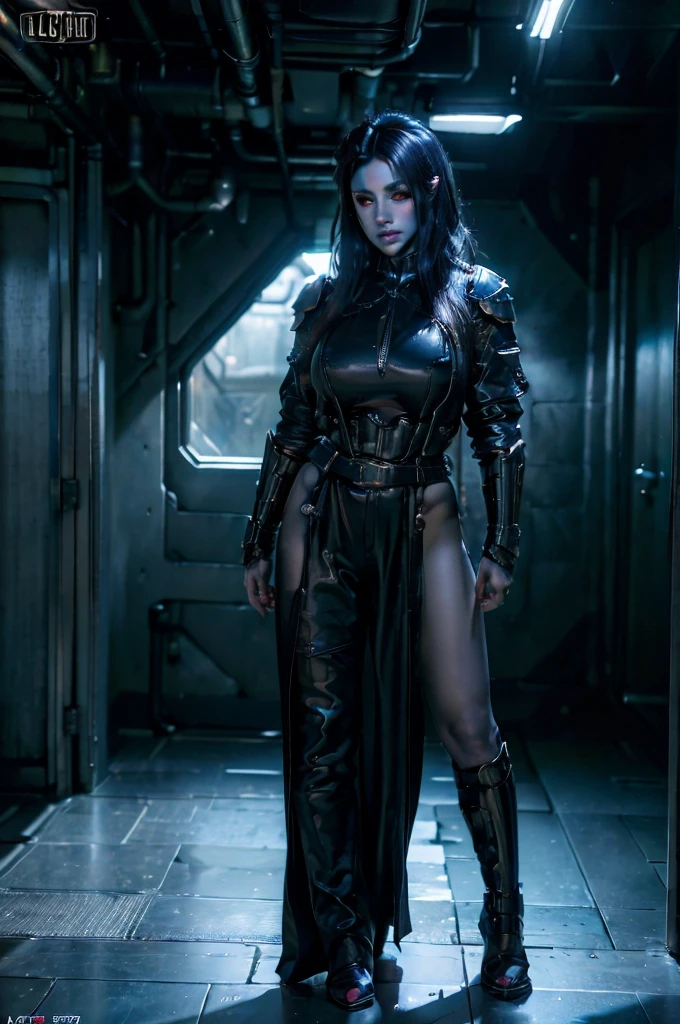 A female Chiss with blue skin, black hair, and red eyes, wearing a black jumpsuit, tool belt, in a full body pose, standing next to a window in the hallway of a spaceship, (best quality,4k,8k,highres,masterpiece:1.2),ultra-detailed,(realistic,photorealistic,photo-realistic:1.37),detailed cyberpunk character, hyper realistic, highly detailed face, intricate details, dramatic lighting, sci-fi, cinematic, moody atmosphere, cinematic lighting, dramatic lighting, vibrant colors, depth of field