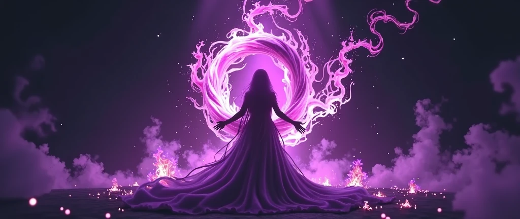 Create a banner taking into account the colors black and purple, It includes fire of the same color