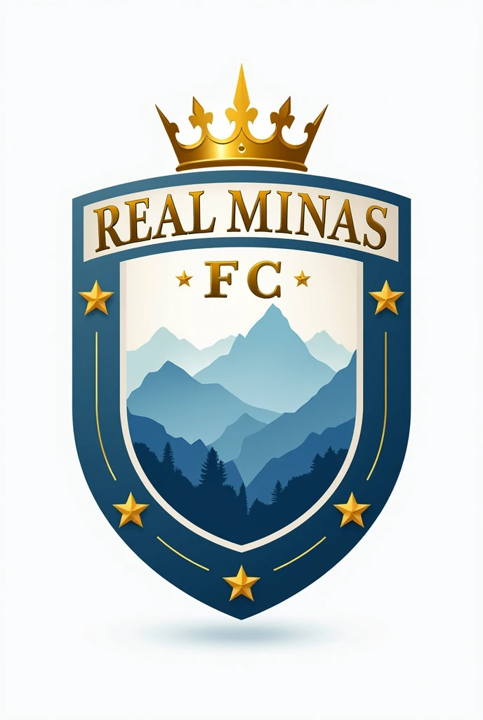  A classic shield shape with a rounded edge Colors: Sky blue and white as main colors, with gold details.
Central Element: Golden crown on top of the shield.
main image: Silhouette of mountains or a representative landscape of Minas Gerais in the center of the shield.
texto: "Real Minas FC" in a gold band at the bottom, with an elegant and traditional font.
detaileds: Small gold stars around or along the edge of the shield.