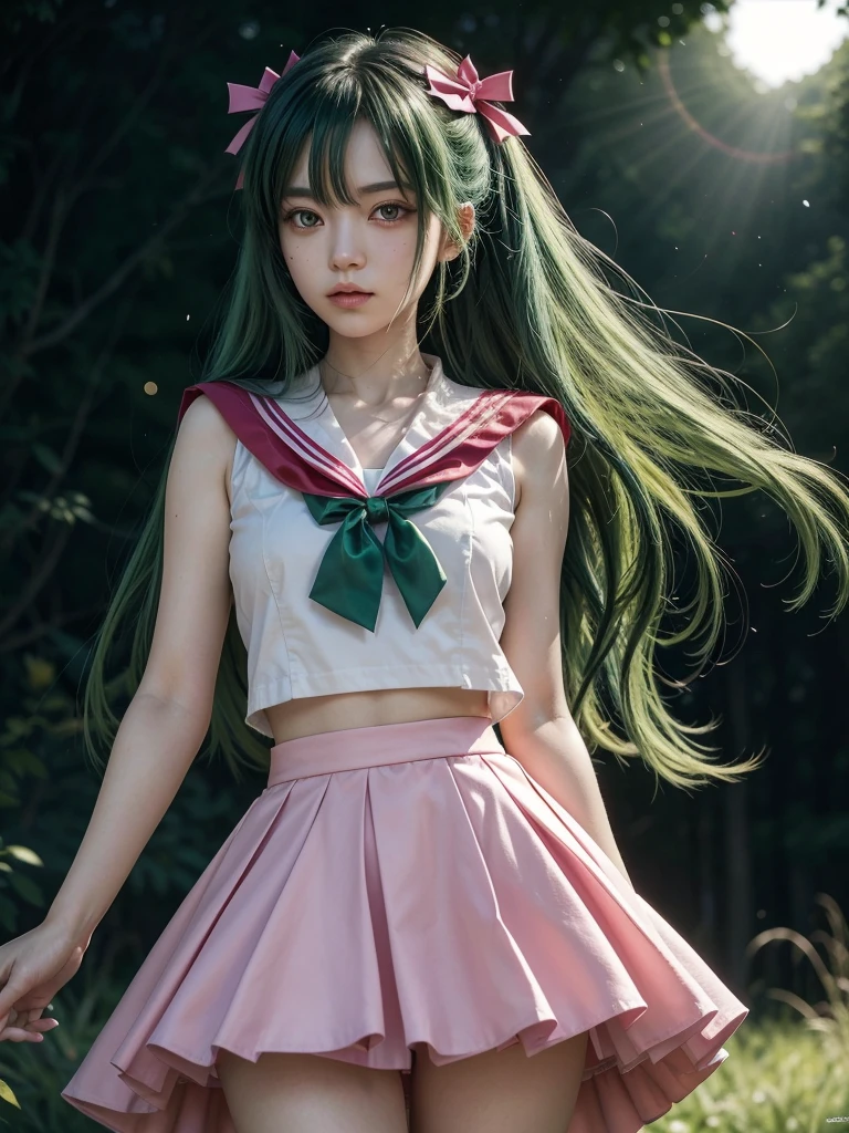 Setsuna has long dark 20 years,green hair, with pink or red eyes depending on the point of view. She most often appears as Sailor Pluto, has a white collar with a bow in the center and several details, and also has a short skirt with its corresponding color, which in this case is dark green.
