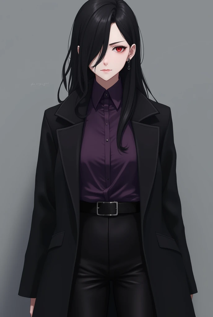More mature anime style image. A gray background image. A teenager, long black hair loose with a side bang, red eyes, with piercings in both ears and a serious expression, wore a purple long-sleeved blouse and a black overcoat on top, black pants underneath black boots. .
