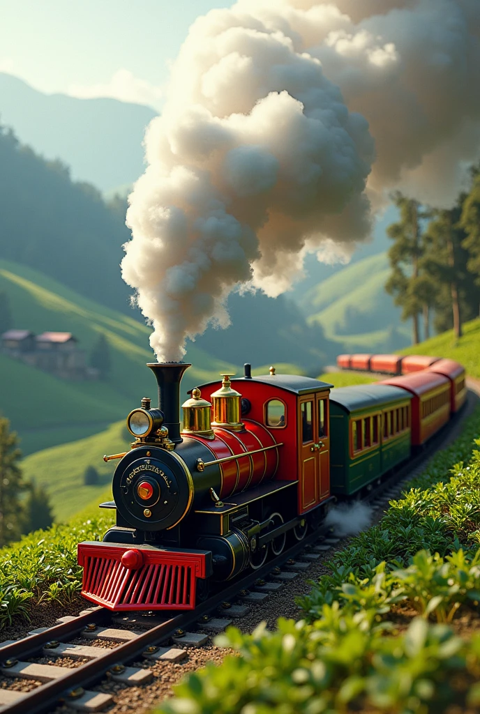 Make an image of toy train generating smoke riding in the hills (of Darjeeling) give importance and details on hills