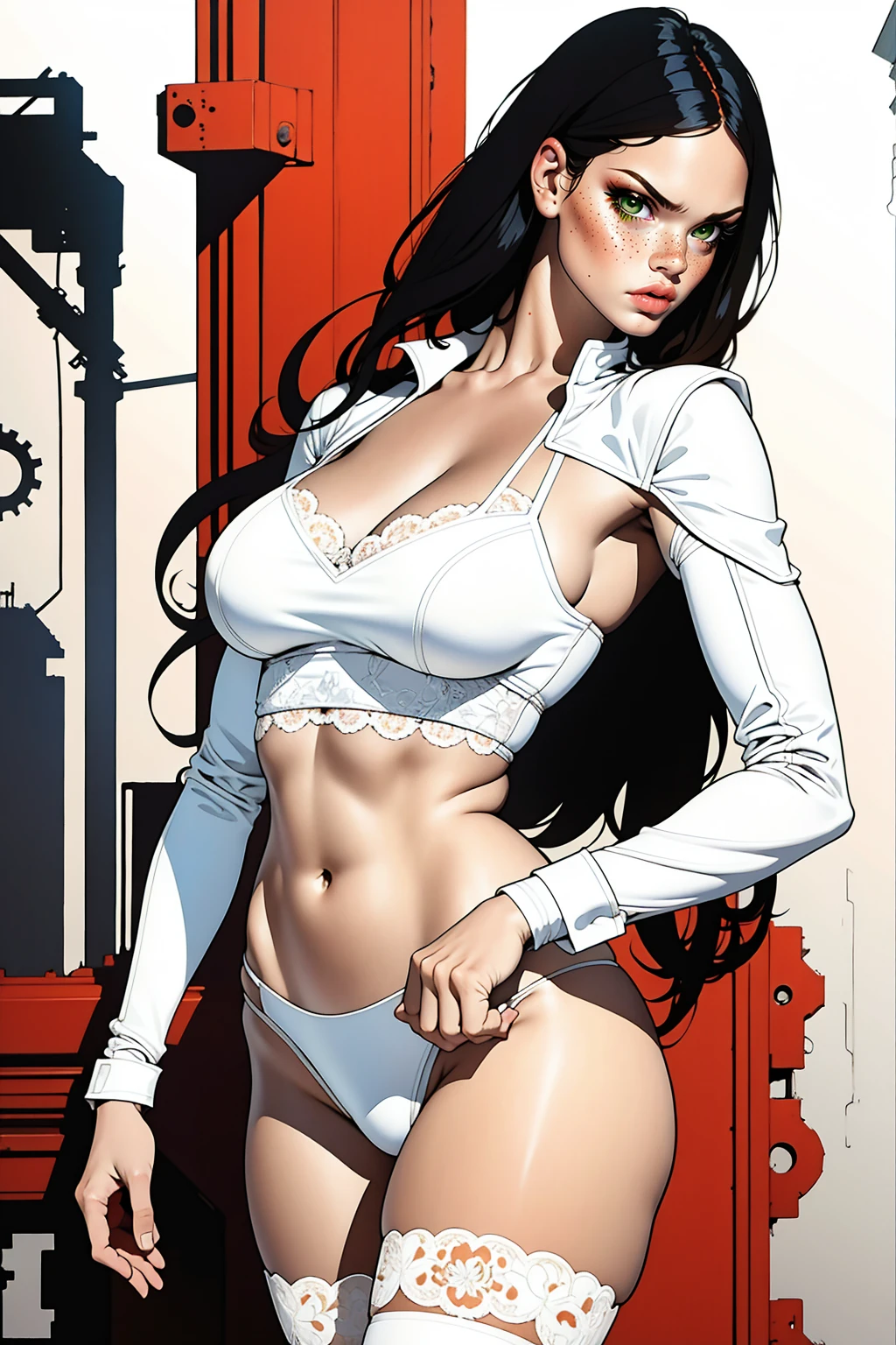 coloração parcial, Estilo de linha, (obra de arte, melhor qualidade:1.2), (fundo simples:1.5), Alison Tyler in the style of Adam Hughes, blue eyes, parted lips, perfect body, tan skin, highest quality, full body, [blue eyes], long black hair with bangs over the eyes, , night, perfect body, wearing a white cyberpunk armor and a white leather jacket with a high fur collar white background ((white lace top crop)), ((silver lace thong)) (((ultra realistic detailed eyes))), model shoot pose, ultra skin texture (ultra skin details)), A striking photograph captures a dramatic battle between a muscular Alison Tyler and a towering robotic opponent in a dystopian urban setting. Alison Tyler a warrior is depicted with highly defined muscles and visible veins, showcasing her strength and physical prowess. In the art style of Adam Hughes, Her intense expression and dynamic pose convey determination and agility. In contrast, the robot reveals its intricate inner workings, with exposed gears and circuitry highlighting its advanced technology and imposing presence. The ambient atmosphere enhances the tension of the scene, with dim lighting and a gritty, atmospheric haze. The background features ominous, futuristic signs and dilapidated structures characteristic of a dystopian future Japan, adding depth and context to the high-stakes confrontation.