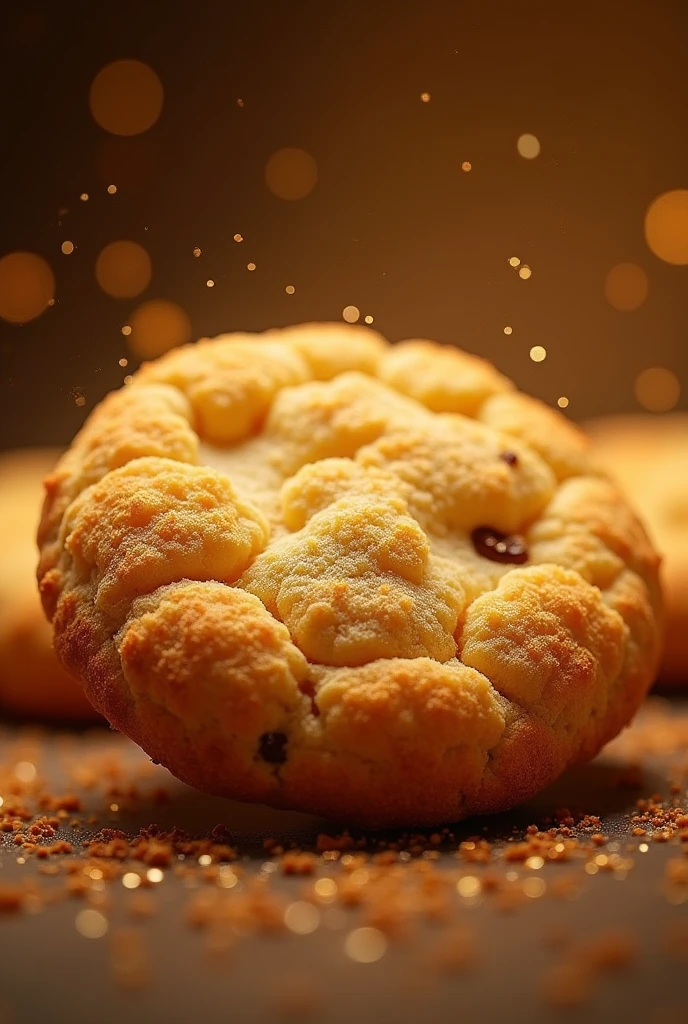  a golden cookie with sparkles, symbolizing the quality and special touch that our cookies bring to our customers&#39; moments. The predominant colors would be golden and brown tones., that evoke warmth and flavor.
