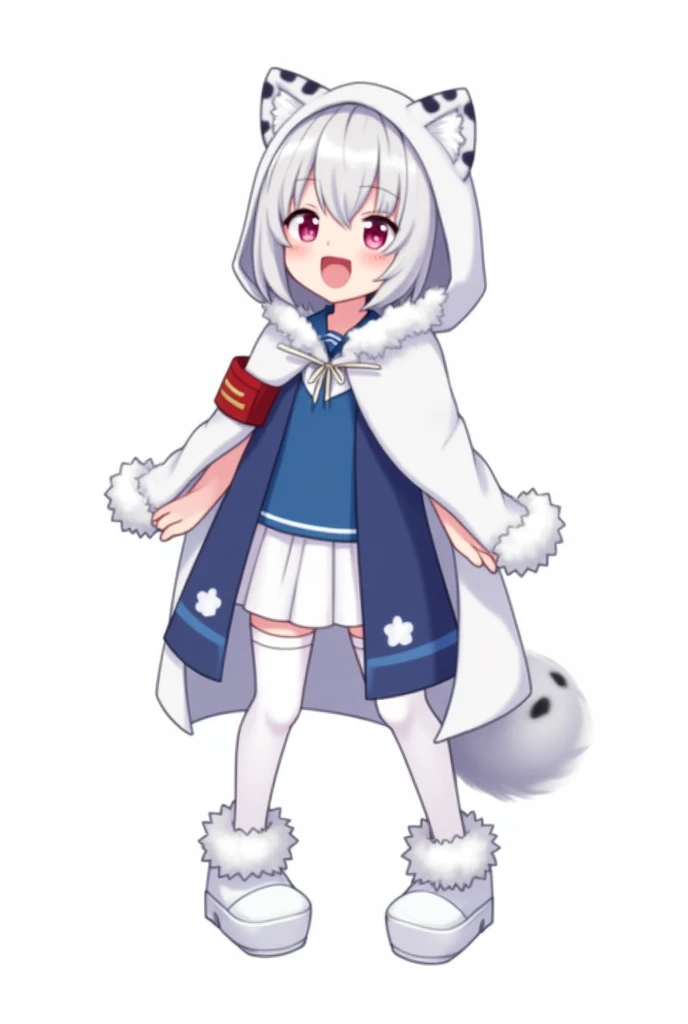 (score_9,score_8_up,score_7_up,score_6_up,score_5_up,score_4_up),solo blue shirt,blue sailor coat,full body,white hair,snow leopard ear,white background,white hood,pink eyes,white cloak,fur-trimmed snow leopard ear capelet,laugh,happy,white pantylines,fur-trimmed boots,red armband,