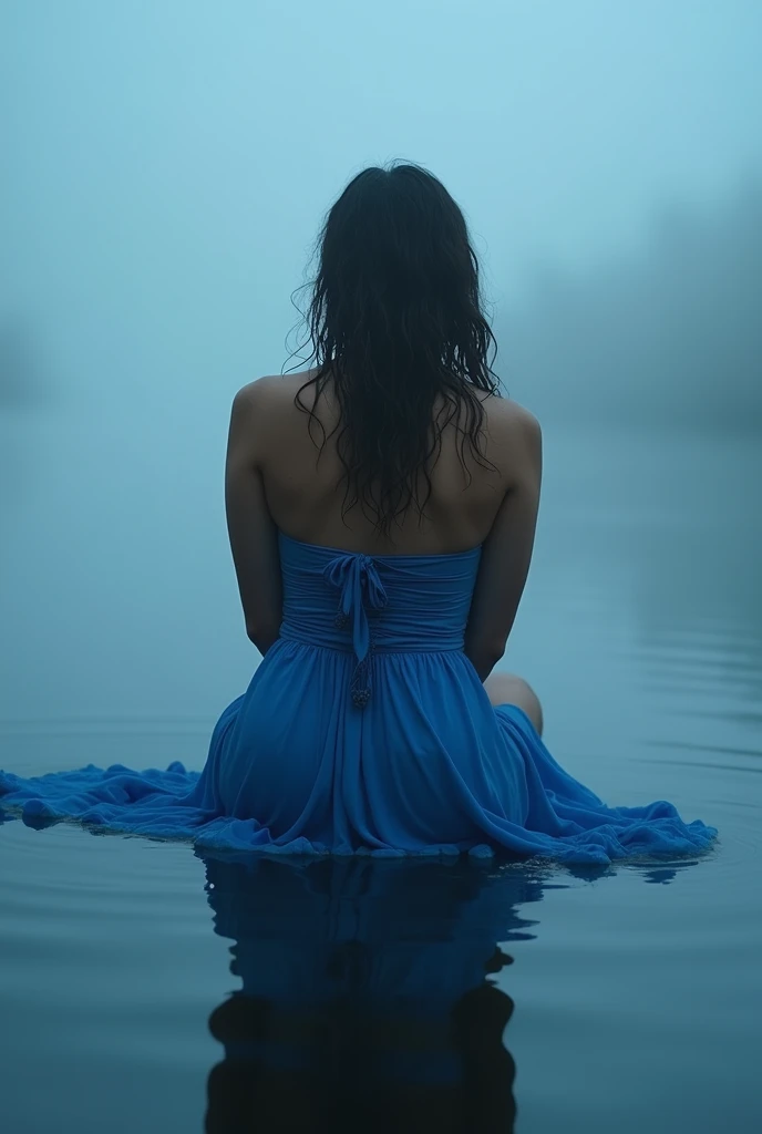 woman in a blue dress sitting in a body of water., foggy and wet, photo from behind, curvy accentuated booty, rear view, wet curtains, in water up to shoulders, shot from behind, view from behind, side shot, wet fabric, naked against the storm, photo from behind