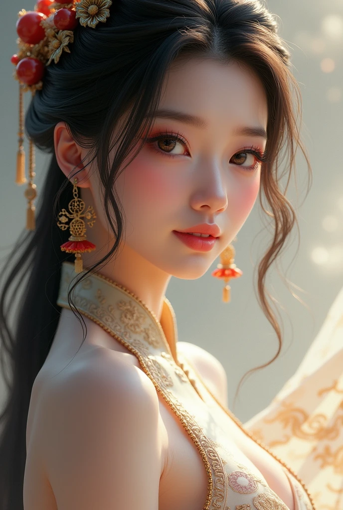 (RAW photos, best quality),(Practical, photo-Practical:1.3), masterpiece, Extremely delicate and beautiful, Extremely detailed, CG, Unite , 2k wallpapers, Astonishing, Fine details, A faint smile, Extremely detailed CG Unite 8k wallpaper, Huge file size, Extremely detailed, high resolution, absurd, Soft Light,, Flowing long hair , Beautiful and delicate girl, Delicate fingers, Extremely detailed eyes and face, Beautiful and delicate nose, Beautiful and delicate eyes, Long eyelashes, There is light on the face, Looking at the audience, Shut up, 1 Girl, Lovely, young, Mature face, whole body, Small Breasts, Practical face, Practical body, Beautiful and delicate thighs,,Ancient Chinese costumes