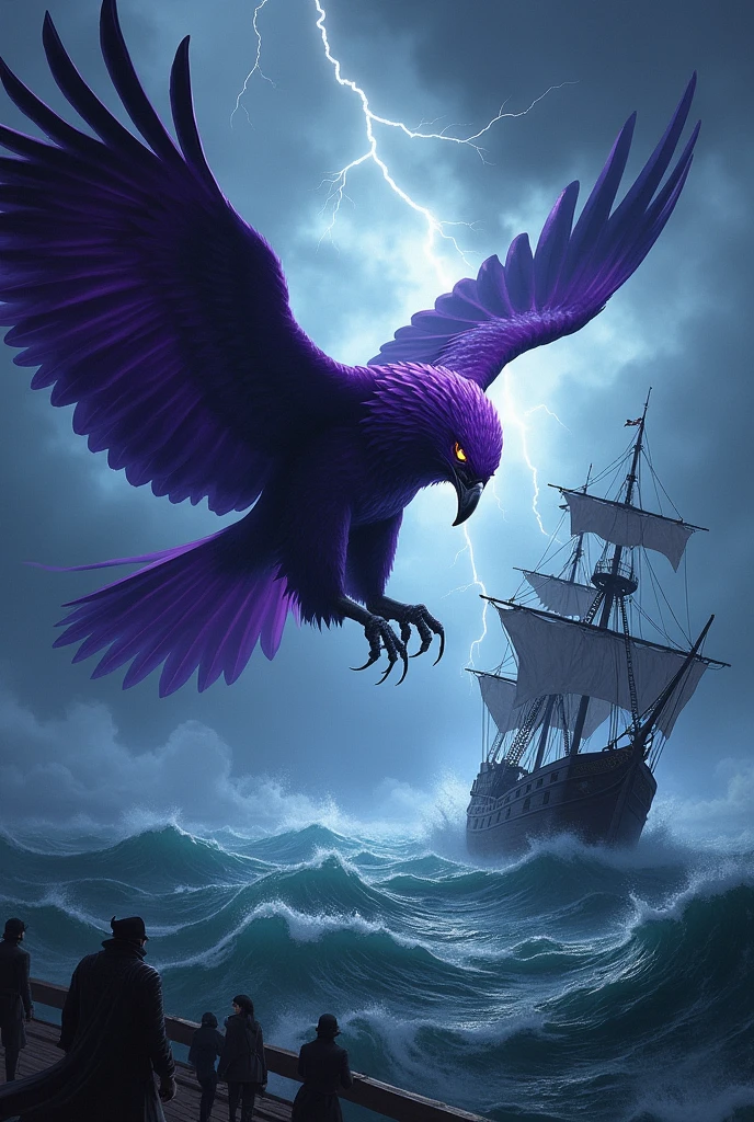 Evil purple eagle attacking a  pirate ship in the rough sea with dark sky with lightning 