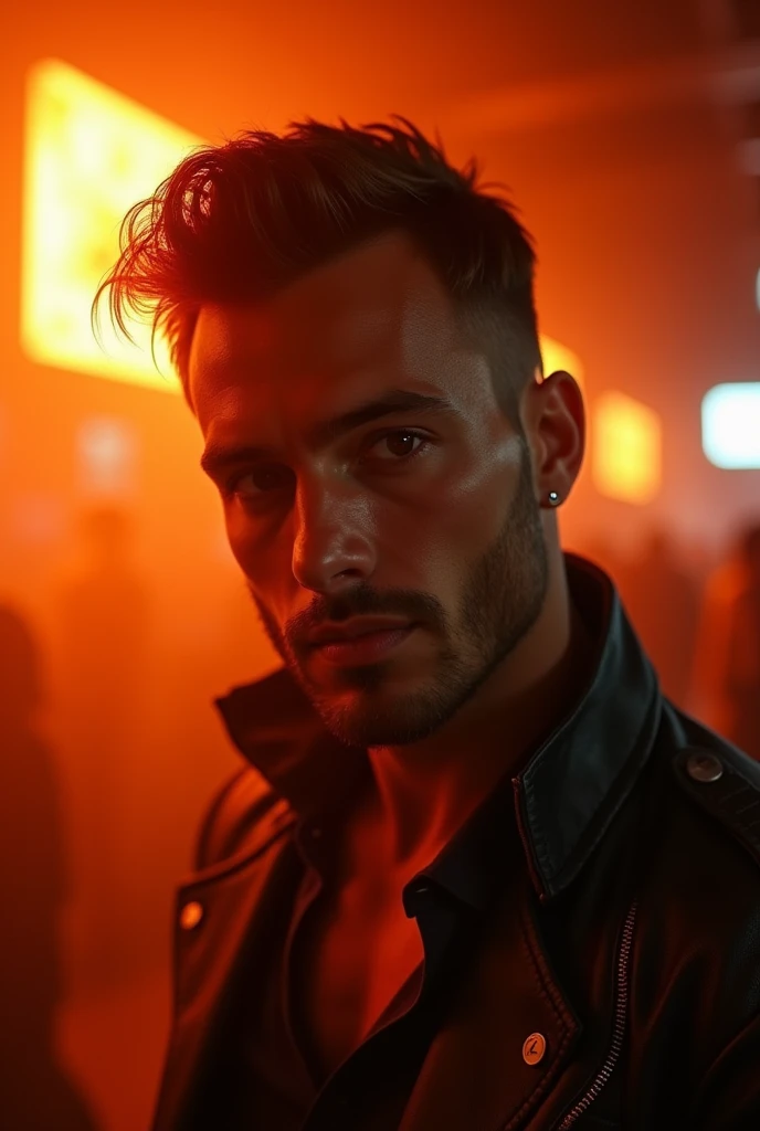 Very handsome man in the public area, perfect orange lighting, smokey rooms, depth of field, first-person view, f/1.8, 135mm, Nikon, UHD, retina, masterpiece, ccurate, anatomically correct, textured skin, super detail, high details, high quality, best quality, highres, 1080P, HD, 4K, 8k