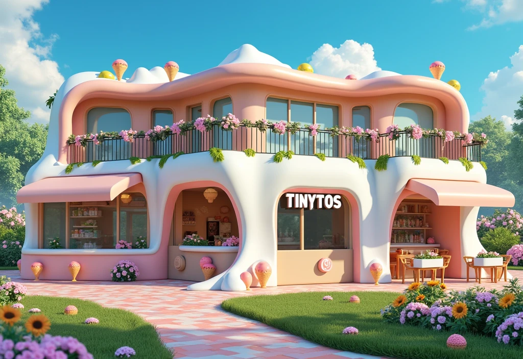 color:Macaron-colored ice cream building, style:Summer colors,Summer refreshing ice cream texture dreamy sweet light and elegant environment tips: Sunshine, blue sky, white clouds, garden, fresh air, creative tips: 冰淇淋融化效果 马卡龙形状建筑 甜品元素融合 夏日派对主题 使用3D建模 渲染光泽效果 应用color渐变技术,The logo on the building should be retained,Or generate TinyTos text on the image