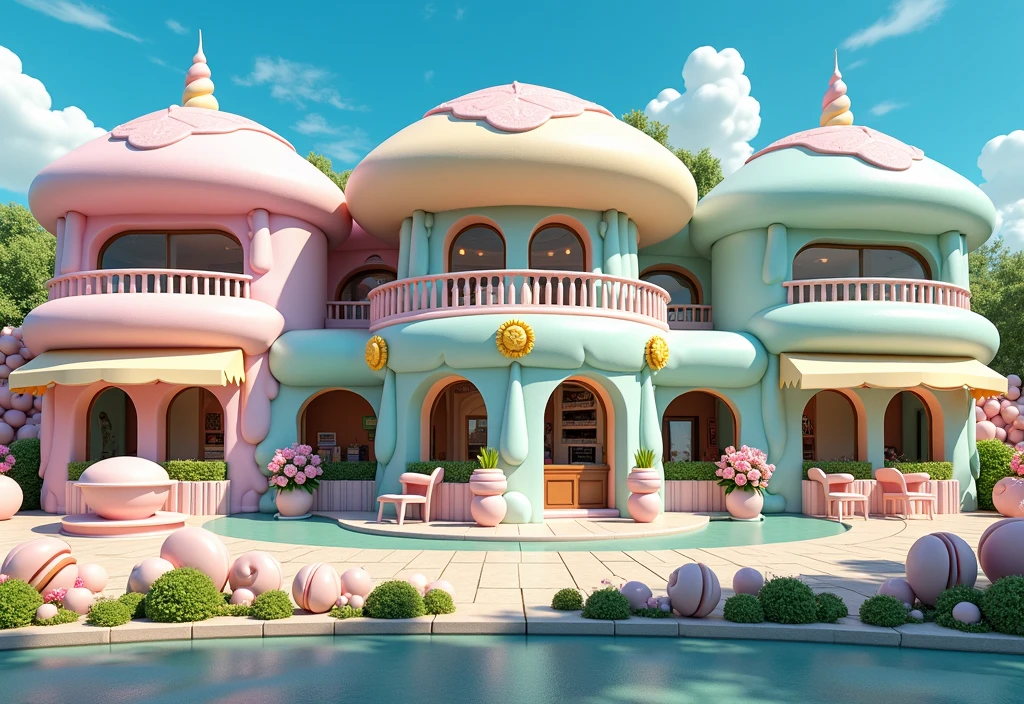 color：Macaron-colored ice cream building， style：Summer colors，Summer refreshing ice cream texture dreamy sweet light and elegant environment tips： Sunshine, blue sky, white clouds, garden, fresh air, creative tips： 冰淇淋融化效果 马卡龙形状建筑 甜品元素融合 夏日派对主题 使用3D建模 渲染光泽效果 应用color渐变技术，The logo on the building should be retained，Or generate TinyTos text on the image