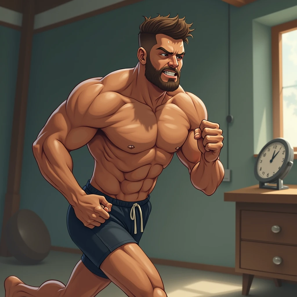 One men running, watch in background, wearing shorts pant, it's so hard working person