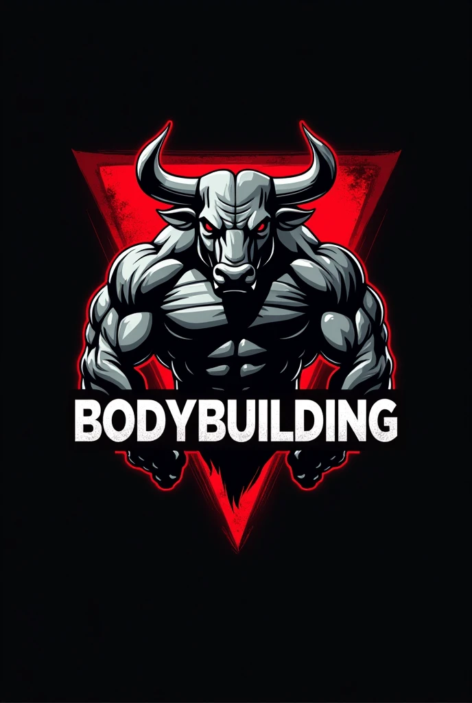 Design a powerful and dynamic logo for a bodybuilding brand featuring a strong, muscular bull as the central figure, symbolizing strength, power, and determination. The bull should have well-defined muscles, with a stance that conveys energy and dominance, embodying the essence of bodybuilding. Use sharp, angular lines to emphasize the bull's muscular build and add a sense of intensity. Incorporate bold, dark tones like black, deep red, or metallic gray to create a fierce and commanding presence. The logo should include the word 'bodybuilding' in a bold, modern font that complements the aggressive and energetic vibe of the design.
