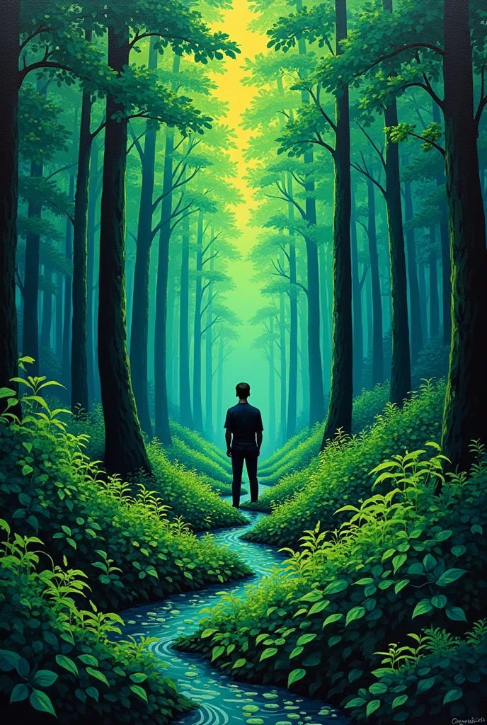 Detailed image of a man lost in a green forest, Contemporary Op Art style, Jin Ji, Large Canvas, Hard-edged painter, Eye-Catching Details,
Aerial View, Sudesan Patnaik