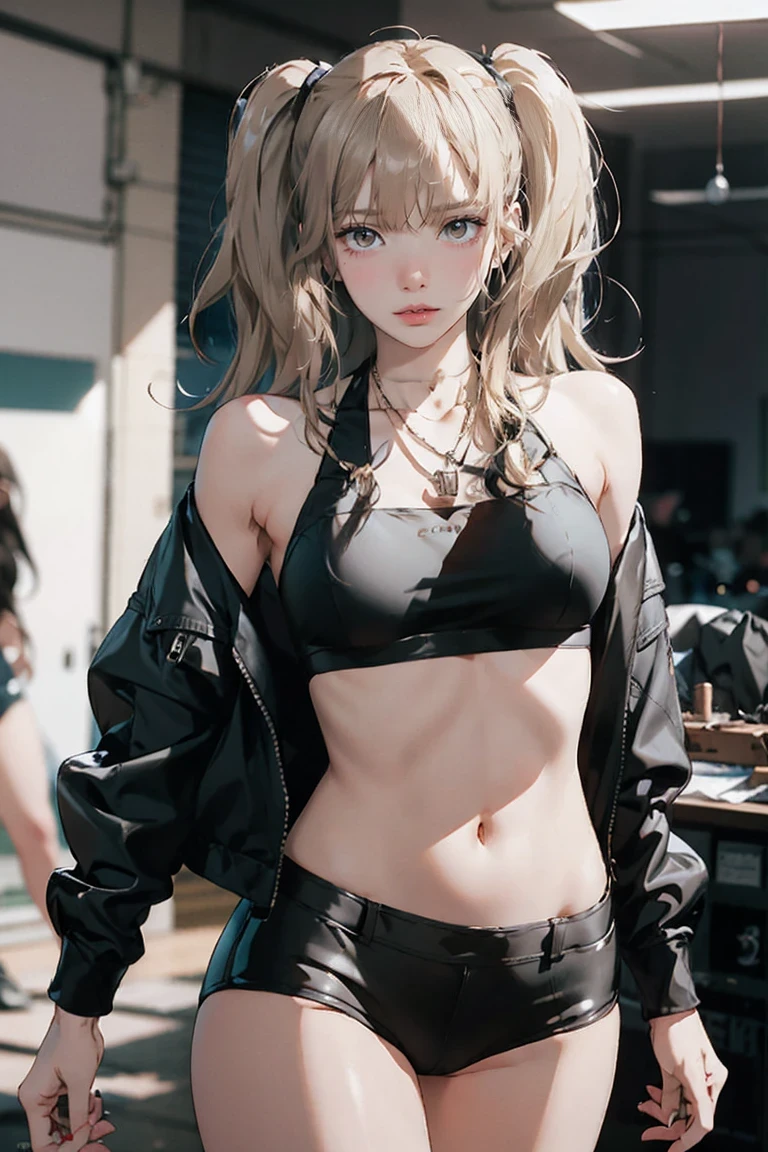 Realistic:1.2, Rocker girl in leather jacket,Slim figure、Normal bust size、 highly Realistic photograph, whole body, Browsing Caution, Spiked clothing,White tank top、Navel exposed、Leather high leg bikini pants、tattoo,Earrings Dark lipstick, blue eyes,Blonde twin tails,Black Ribbon, Beautiful and perfect legs, Confident expression, Punk Style ,Dynamic pose, Dynamic Lighting, Bright colors, Large Breasts, (Adult female body),Narrow waist