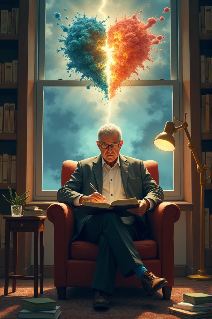 Create a character sitting in a chair writing a book and above him there are 2 different realities, one reality representing the future and the other the present.