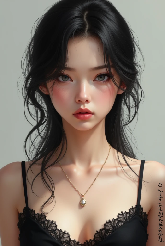 Young woman with feminine features and serious expression, He has black hair, slightly wavy and loose cascading down, with some strands falling around her face. His skin is clear, with subtle freckles on her cheeks and her grey eyes, thick lips .She wears a black dress, lace and with neckline , which gives it an elegant touch that highlights her large bust. Wear a necklace, realistic drawing