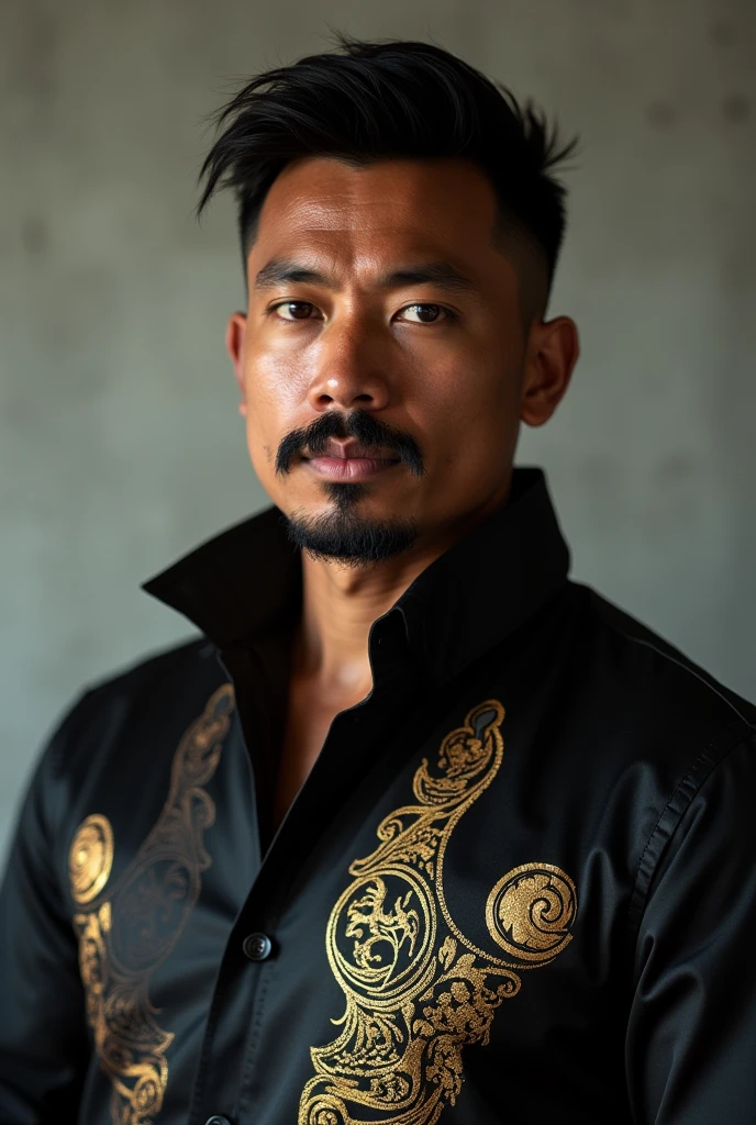 photography of a 33 year old Indonesian man, firm face with a bushy moustache, muscular and sturdy body, wearing a black Gatotkaca costume with golden motifs