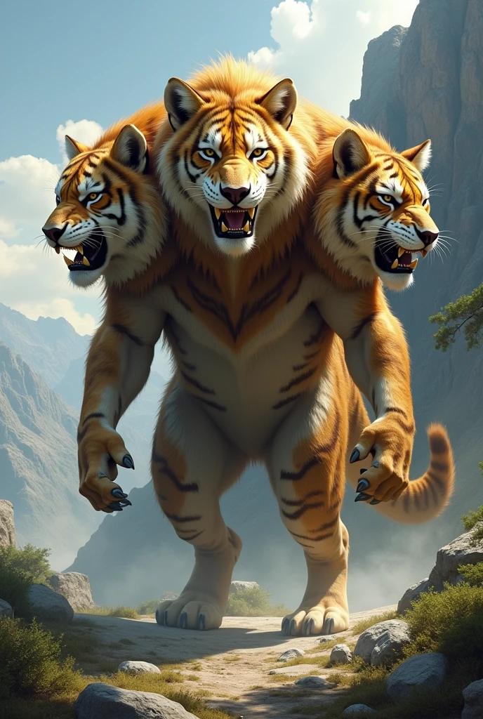 Create a picture of a three headed creature of different animals of wolf lion and tiger