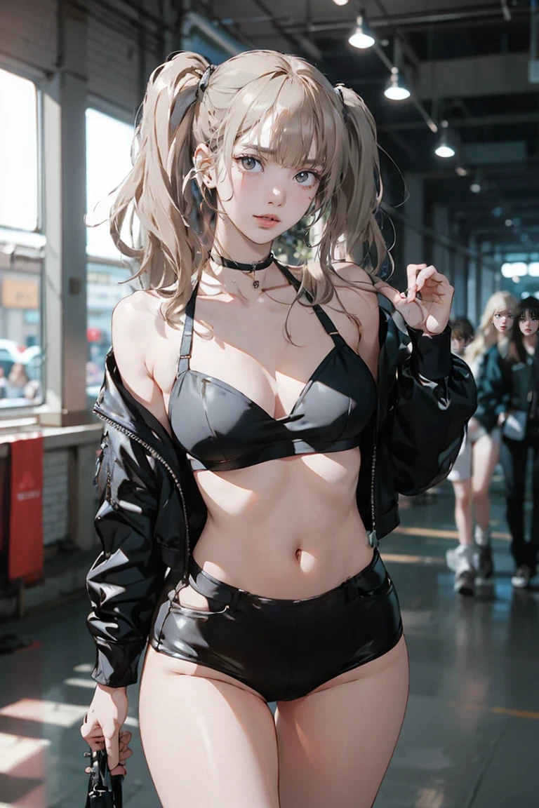 Realistic:1.2, Rocker girl in leather jacket,Slim figure、Normal bust size、 highly Realistic photograph, whole body, Browsing Caution, Spiked clothing,White tank top、Navel exposed、Leather high leg bikini pants、tattoo,Earrings Dark lipstick, blue eyes,Blonde twin tails,Black Ribbon, Beautiful and perfect legs, Confident expression, Punk Style ,Dynamic pose, Dynamic Lighting, Bright colors, Large Breasts, (Adult female body),Narrow waist
