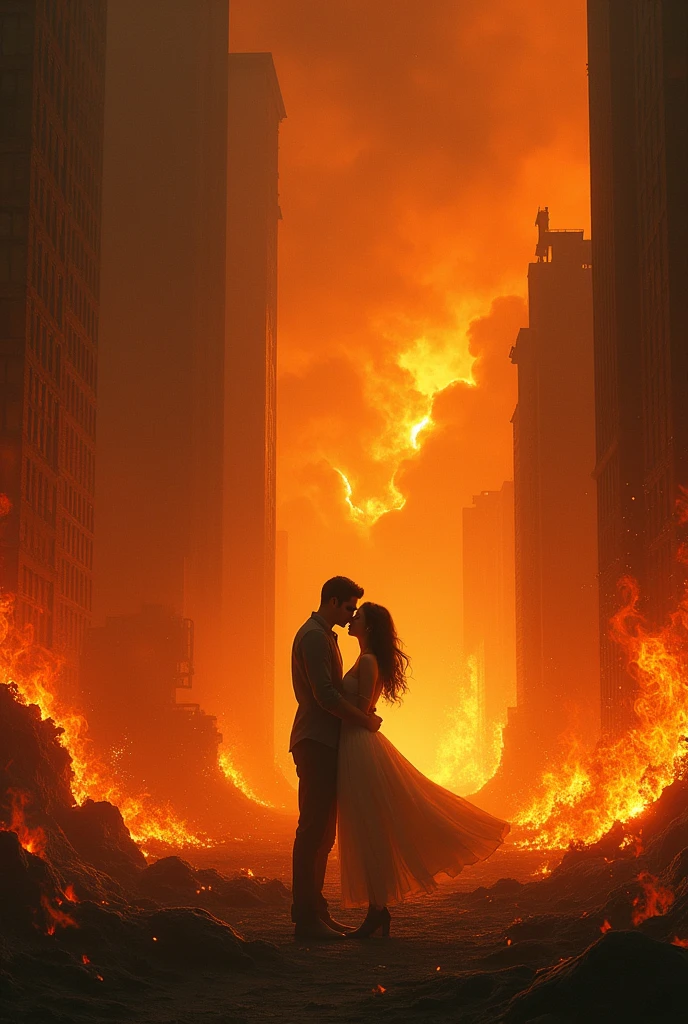 An image of a couple passionately kissing in the middle of a world on fire