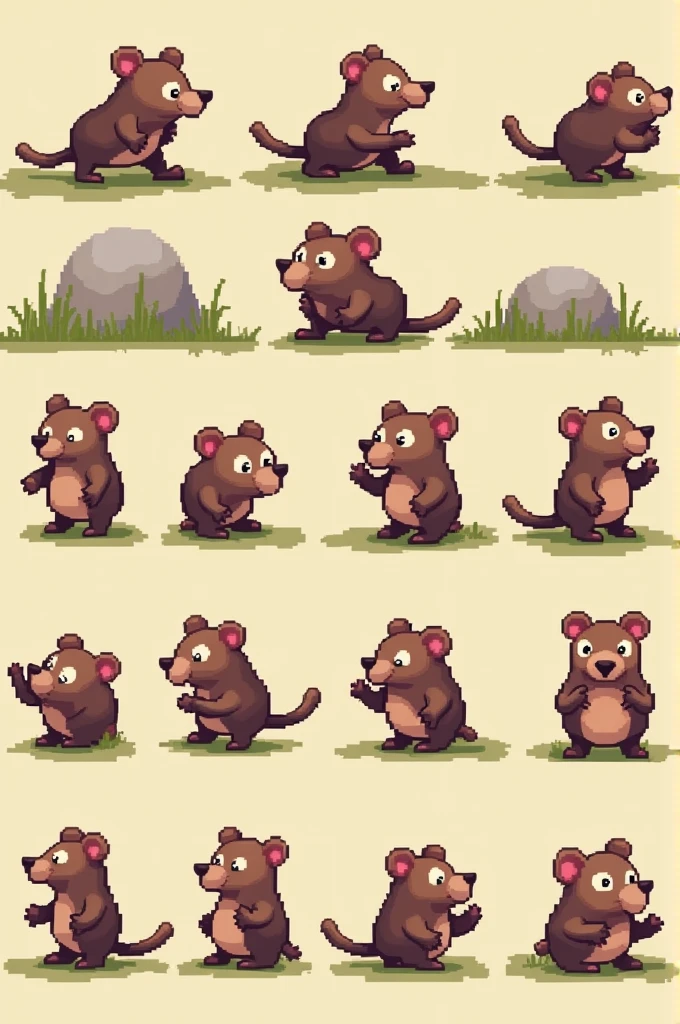 Tile set, sprite of a 2d pixel art mole running and standing