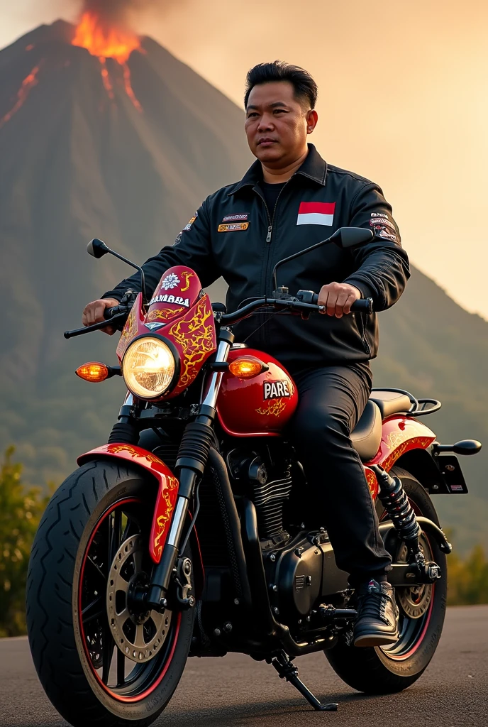 photorealism:1.2), An Indonesian man, 2, slightly fat, neat short black hair, face facing the camera, in a steep mountain area, visible volcanic crater spewing fire and smoke, sitting on a shiny black mountain motorbike decorated with a picture of a Fire Dragon, the motorbike is given a red and white Indonesian flag, the motorbike number plate clearly reads "PARE " in shiny white, wearing a black jacket, black pants and black shoes with a name written on the chest that clearly reads "Samba" on the right chest and a red and white flag above the writing of the name Samba, both hands wearing black gloves, realistic, intricate details, warm colors, by Greg Rutkowski, by Alphonse Mucha