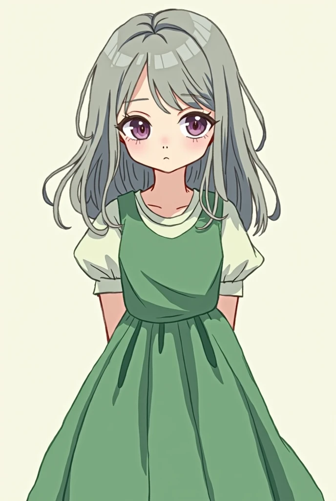 A simple drawing of a girl with grey hair, purple eyes and green clothes