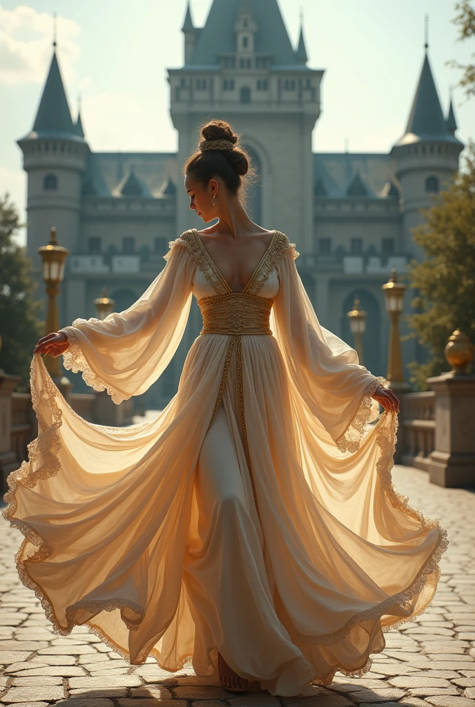 Believe me, a non-existent female character from an ancient era while wearing a very beautiful ancient dress while dancing outside a beautiful castle.