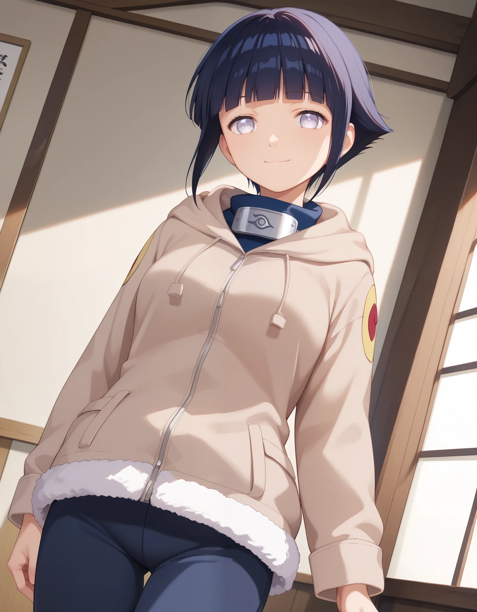 score_9, score_8_up, score_7_up, source_anime, hinata hyuga, short hair, white eyes, bangs, blunt bangs, medium breasts,, long sleeves, pants, hood, konohagakure symbol, fur trim, jacket,, indoors, smile, looking at viewer, solo,, cowboy shot, dutch angle