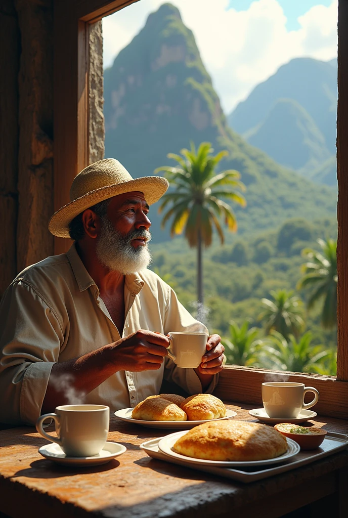 Create a peasant man with a cotton ruana sitting in a rustic dining room having breakfast and appreciating the landscape of the large, green mountains full of giant wax palms, In the dining room there are stuffed Colombian arepas, two cups of hot coffee, tray paisa, the peasant is drinking coffee, The weather is warm and a little cloudy, While having breakfast, enjoy the impressive landscape on the horizon