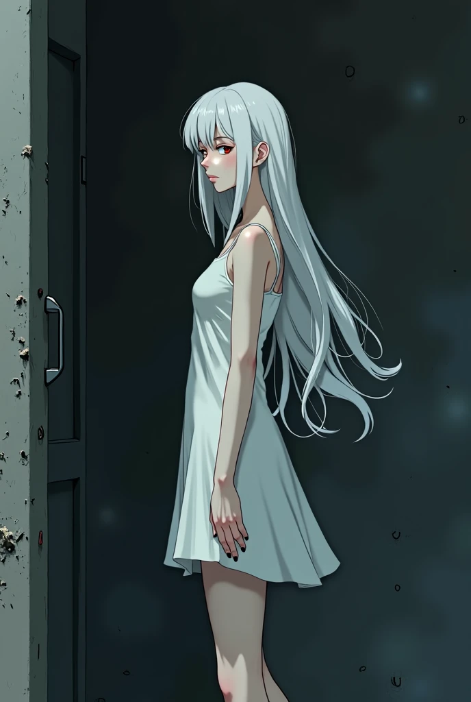 The image is in the style of a Ghibli studio anime., although somewhat gloomy and adult, It features a 20-year-old albino adult woman.. She is standing in front of a black wall, She has long hair and red eyes. Shown with a smile. She has a white dress that reaches her knees.. strong thighs.