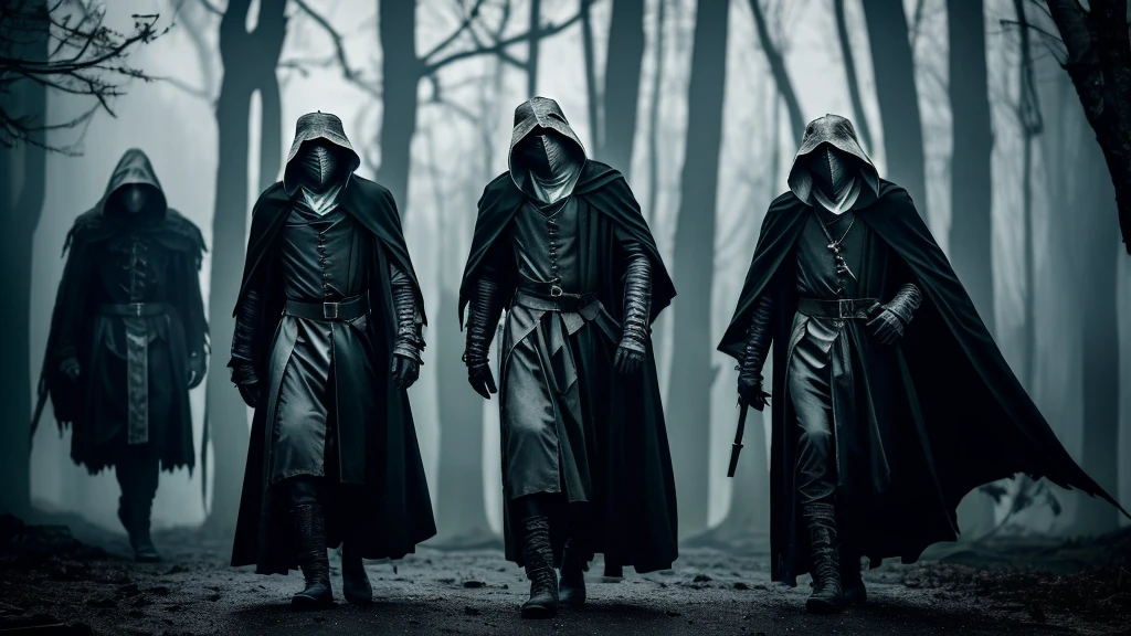 A dark and ominous scene set in a shadowy forest at night. A sinister figure dressed in a medieval Plague Doctor outfit stands in the foreground. The figure wears a long black robe with a hood covering most of the face, except for a beaked mask. The Plague Doctor holds a large syringe in one hand, raised threateningly. The atmosphere is eerie, with fog swirling around the scene and twisted, barren trees in the background. Surrounding the Plague Doctor are decaying, zombie-like figures emerging from the darkness. The overall mood is grim and foreboding, with deep shadows and a muted color palette dominated by blacks, grays, and subtle blue tones. The lighting is minimal, highlighting only the Plague Doctor and parts of the zombies.