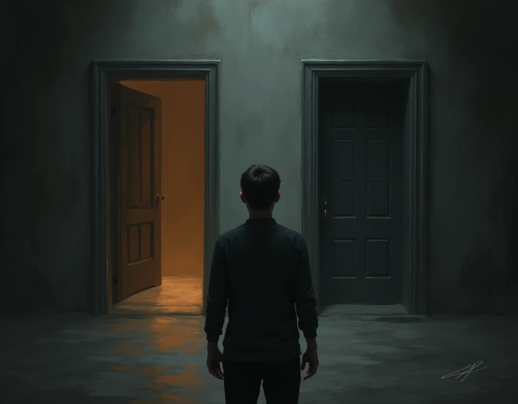 Image of a person looking at two opposite doors, with a light path and a darker one.