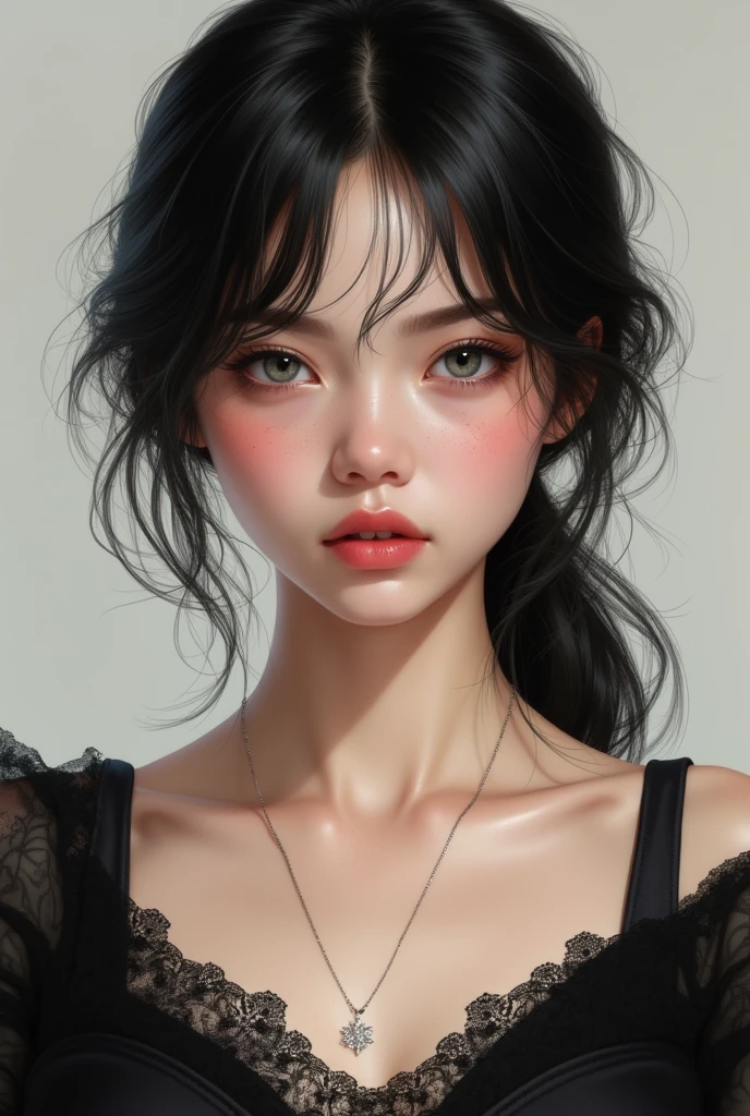 Young woman with feminine features and serious expression, He has black hair, slightly wavy and loose cascading down, with some strands falling around her face. His skin is clear, with subtle freckles on her cheeks and her grey eyes, thick lips .She wears a black dress, lace and with neckline , which gives it an elegant touch that highlights her large bust. Wear a necklace, realistic drawing