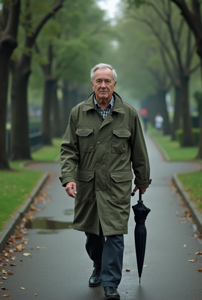 Realistic photography style，High angle full body shots，Middle-aged man in windbreaker walking in the park holding black umbrella。