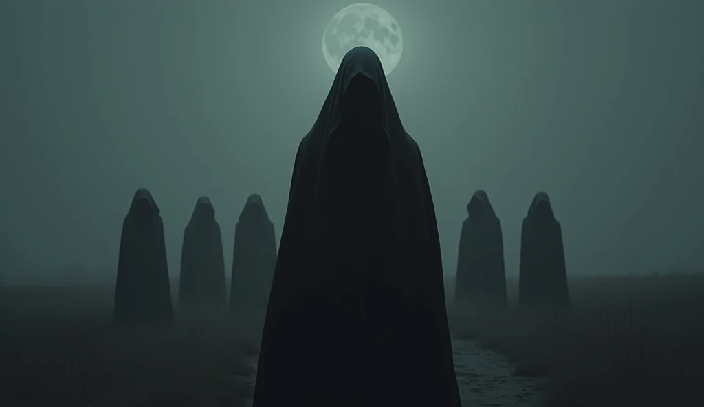 Man in black robe standing in darkness, album cover, by Balázs Diószegi, tumblr, horror gothic art, veil, moonless night, darkness, dark and muted colors, caretaker, faceless, dark background, 7 people
