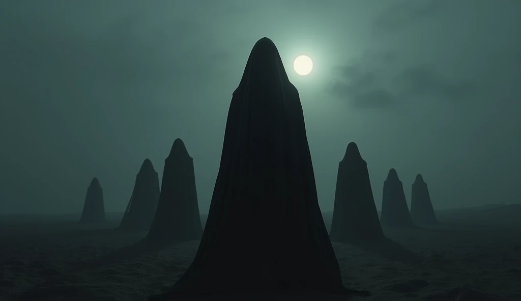 Man in black robe standing in darkness, album cover, by Balázs Diószegi, tumblr, horror gothic art, veil, moonless night, darkness, dark and muted colors, caretaker, faceless, dark background, 7 people