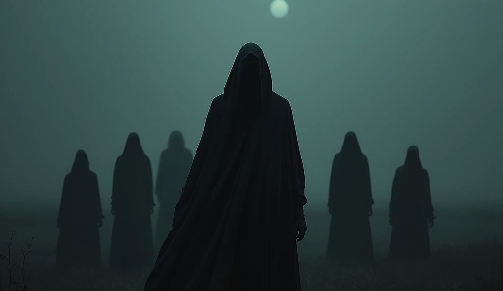 Man in black robe standing in darkness, album cover, by Balázs Diószegi, tumblr, horror gothic art, veil, moonless night, darkness, dark and muted colors, caretaker, faceless, dark background, 7 people