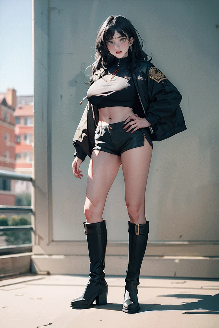 Highest quality、masterpiece、8k、Realistic、超High resolution、Very delicate and beautiful、High resolution、Muscle Girl、Perfect female body、Beautiful woman、Mature Woman、Black Hair、Red eyes、Six Pack、One tattoo、Earrings、Toned body、Tall 、Black military uniform、Luxury Clothing、boots、cigarette、Wild Pose、Full body emphasis、Simple Background、Large Breasts