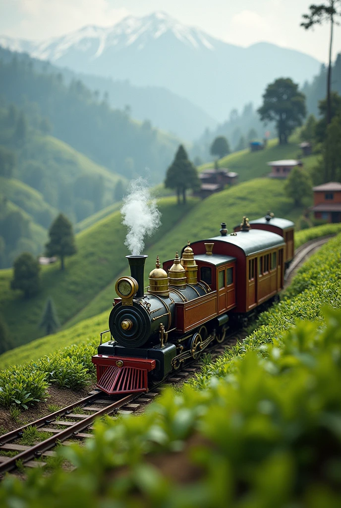 Make an image of toy train generating little amount of smoke riding in the hills (of Darjeeling) give importance and details on hills