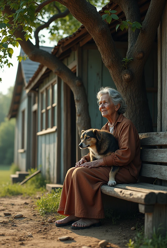 An old lady on her old house sitting on a bench under a tall tree with her dog. Ultra realtistic.  super textured skin and face and surrounding.